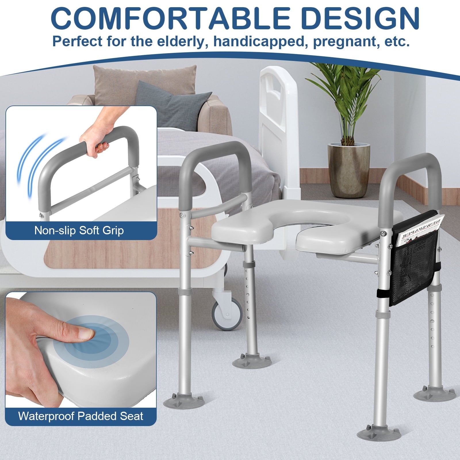 500lbs Adjustable Toilet Seat Risers for Seniors with Storage Pouch, Raised Toilet Seat with Handles for Elderly, Pregnant and Disable, Padded Handicap Toilet Seat Riser (Without Bucket)