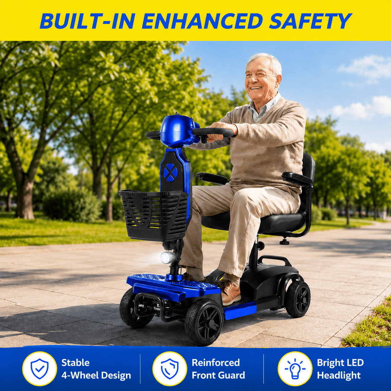 SACVON Mobility Scooters for Seniors with Thick Comfort Seat,USB Charging Port & Widened Front Guard,Powered Mobility Scooter for Adults,250W Motor,330 lbs Capacity,Blue