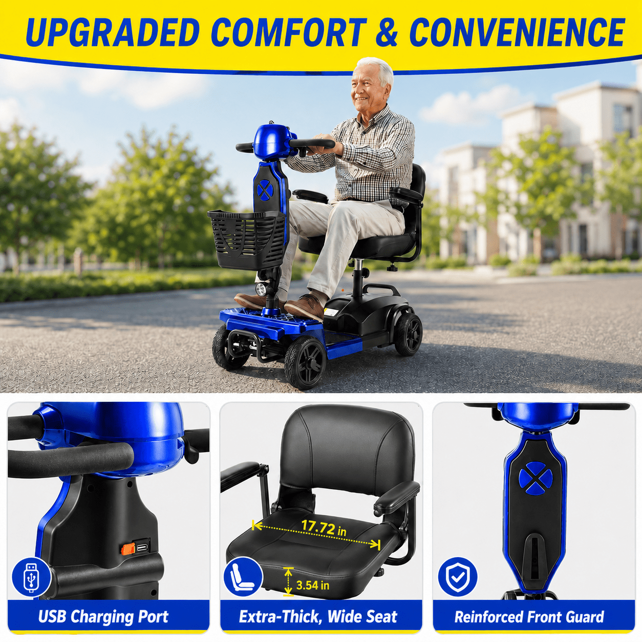 SACVON Mobility Scooters for Seniors with Thick Comfort Seat,USB Charging Port & Widened Front Guard,Powered Mobility Scooter for Adults,250W Motor,330 lbs Capacity,Blue