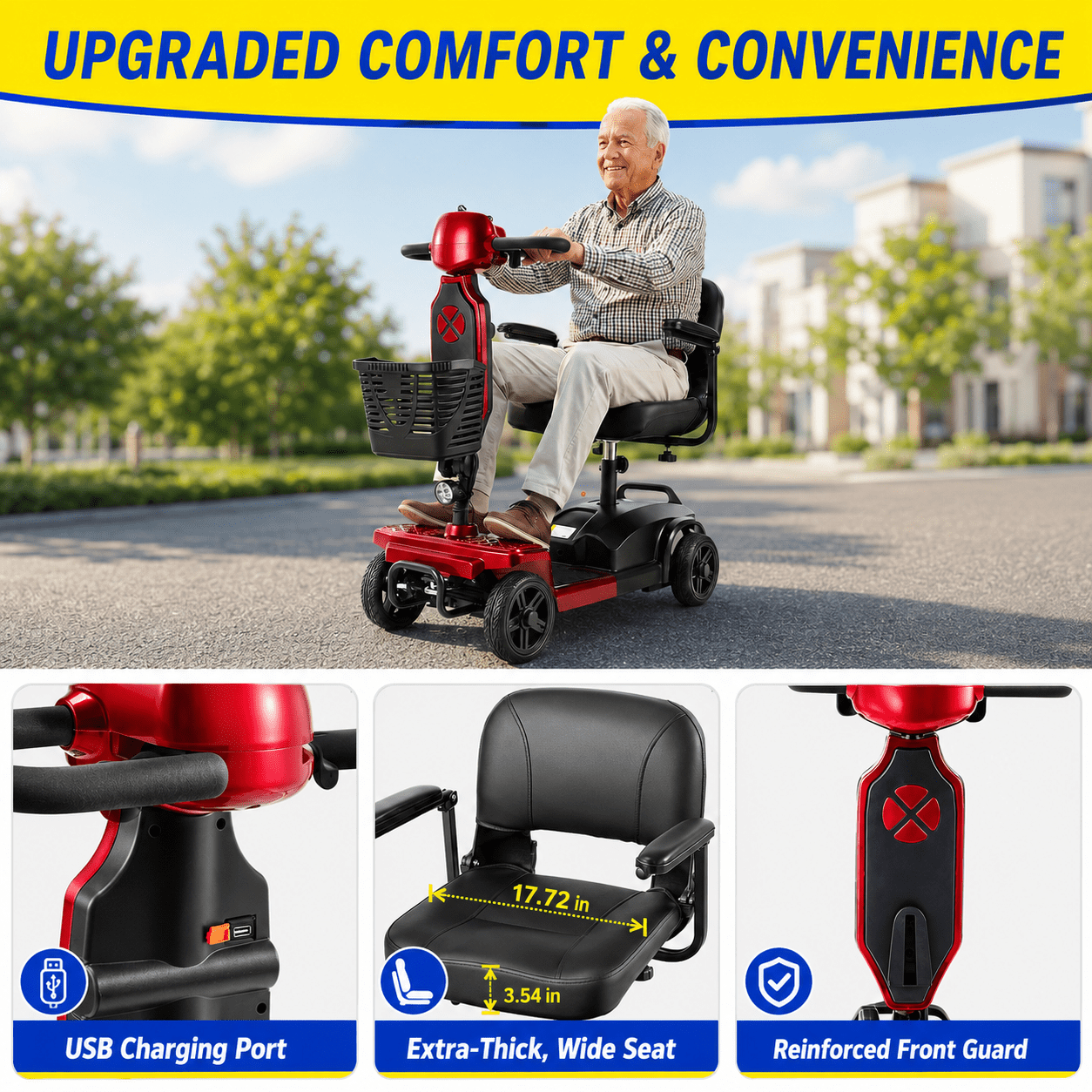 SACVON Mobility Scooters for Seniors with Thick Comfort Seat,USB Charging Port & Widened Front Guard,Powered Mobility Scooter for Adults,250W Motor,330 lbs Capacity,Red