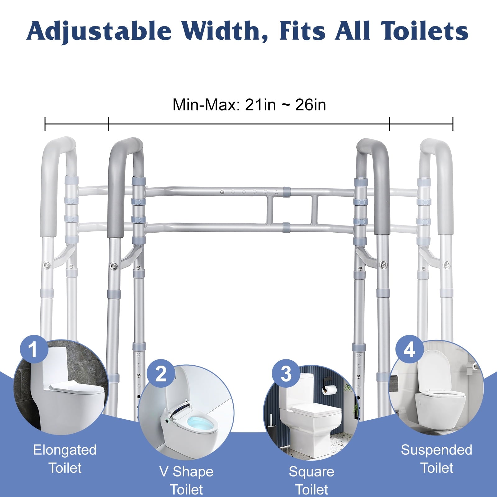 Width & Height Adjustable Toilet Safety Rail - Toilet Seat Risers for Seniors, Toilet Riser with Handles, Raised Toilet Seat with Handles - Toilet Safety Frame Fits Most Toilet (400LBS)