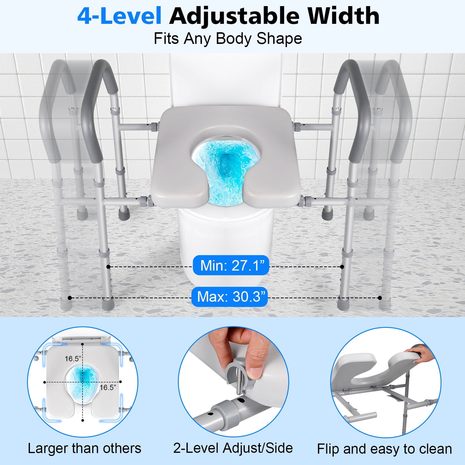 Width & Height Adjustable Raised Toilet Seat with Handles for Elderly, Toilet Seat Risers for Seniors, Toilet Riser with Handles, Elevated Toilet Seat with Handles (with Bucket)