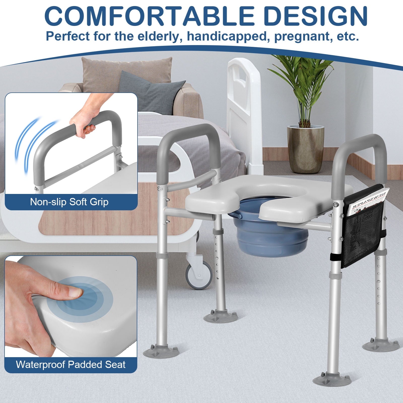 500lbs Adjustable Toilet Seat Risers for Seniors with Storage Pouch, Raised Toilet Seat with Handles for Elderly, Pregnant and Disable, Padded Handicap Toilet Seat Riser (With Bucket)